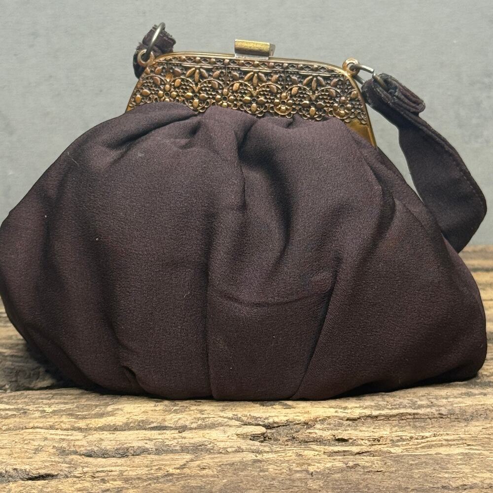 Vintage 1940s 50s Gathered Fabric Evening Bag Brass Filigree Frame Wrist